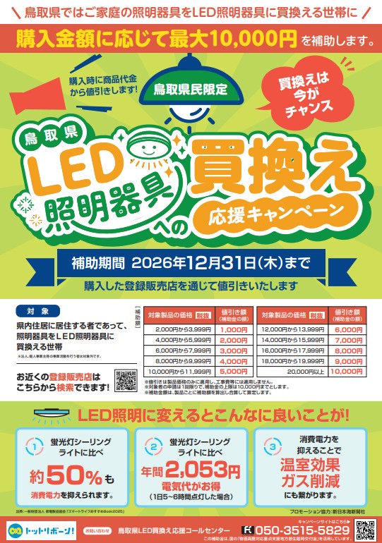 LED照明器具への買換え応援事業（鳥取県在住世帯限定）のお知らせ – 日 